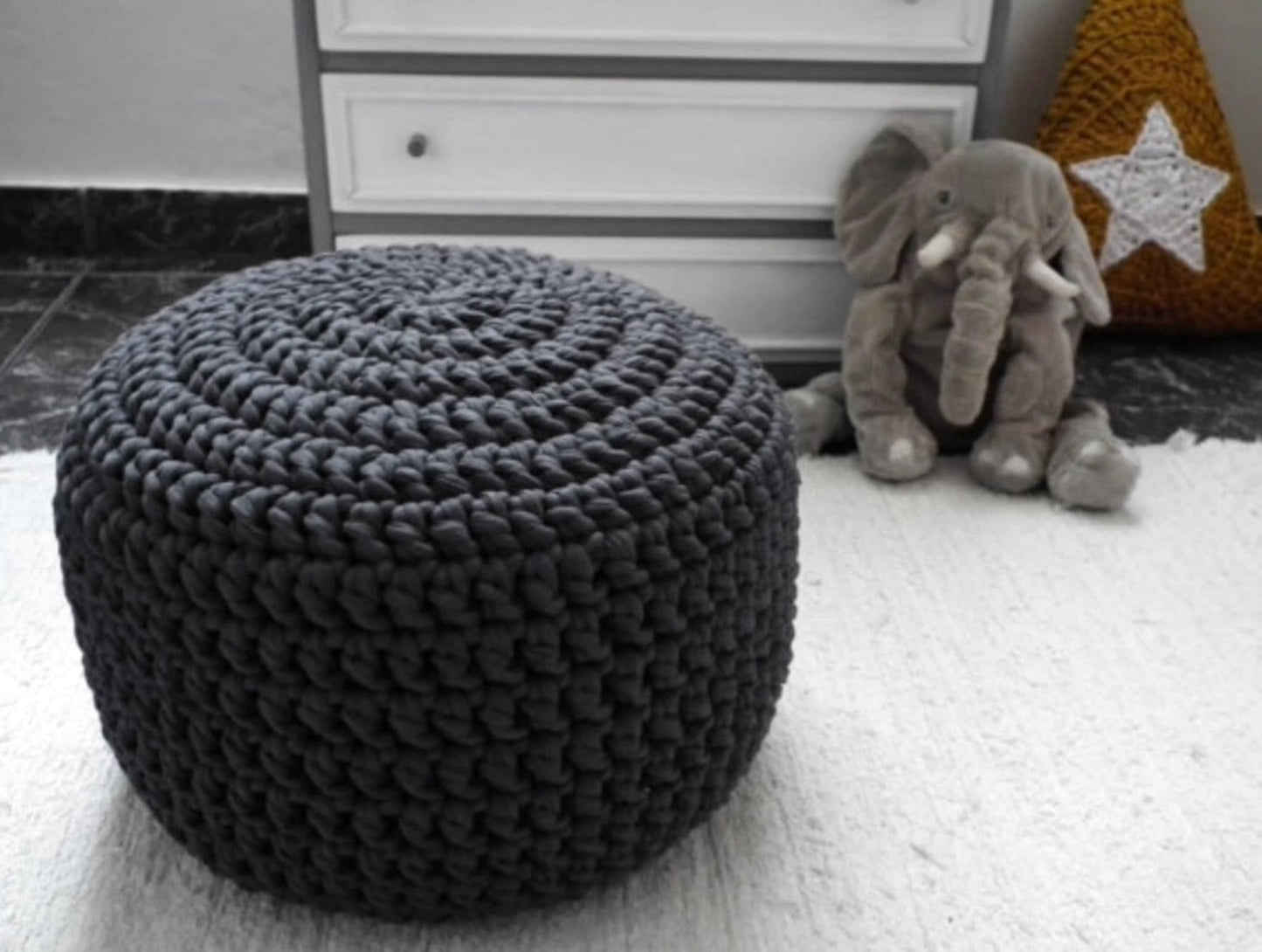 Charcoal Round Pouffe Ottoman - Crochet Footstool