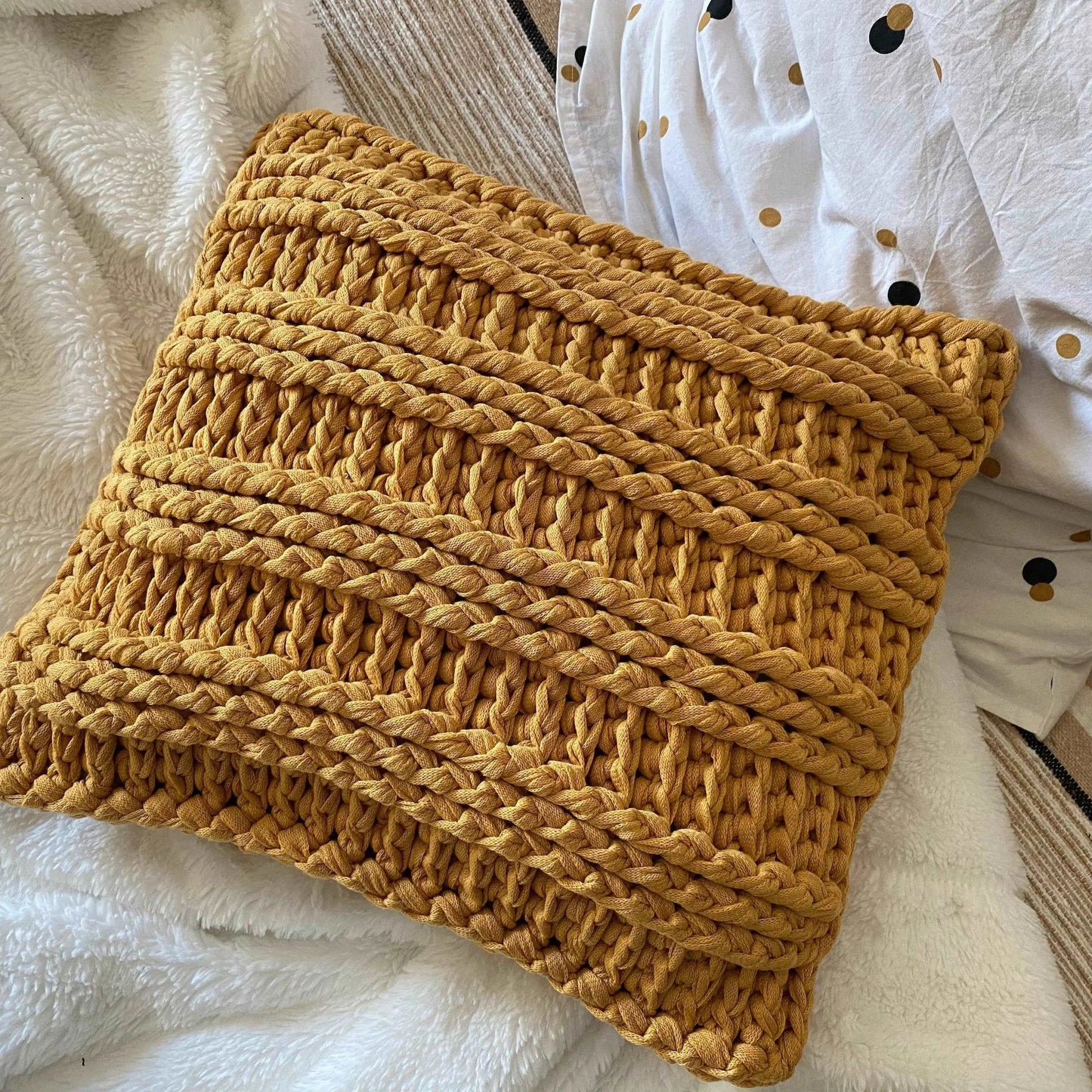 Mustard Chunky Knitted Pillow, Square Decorative Pillow - Looping Home