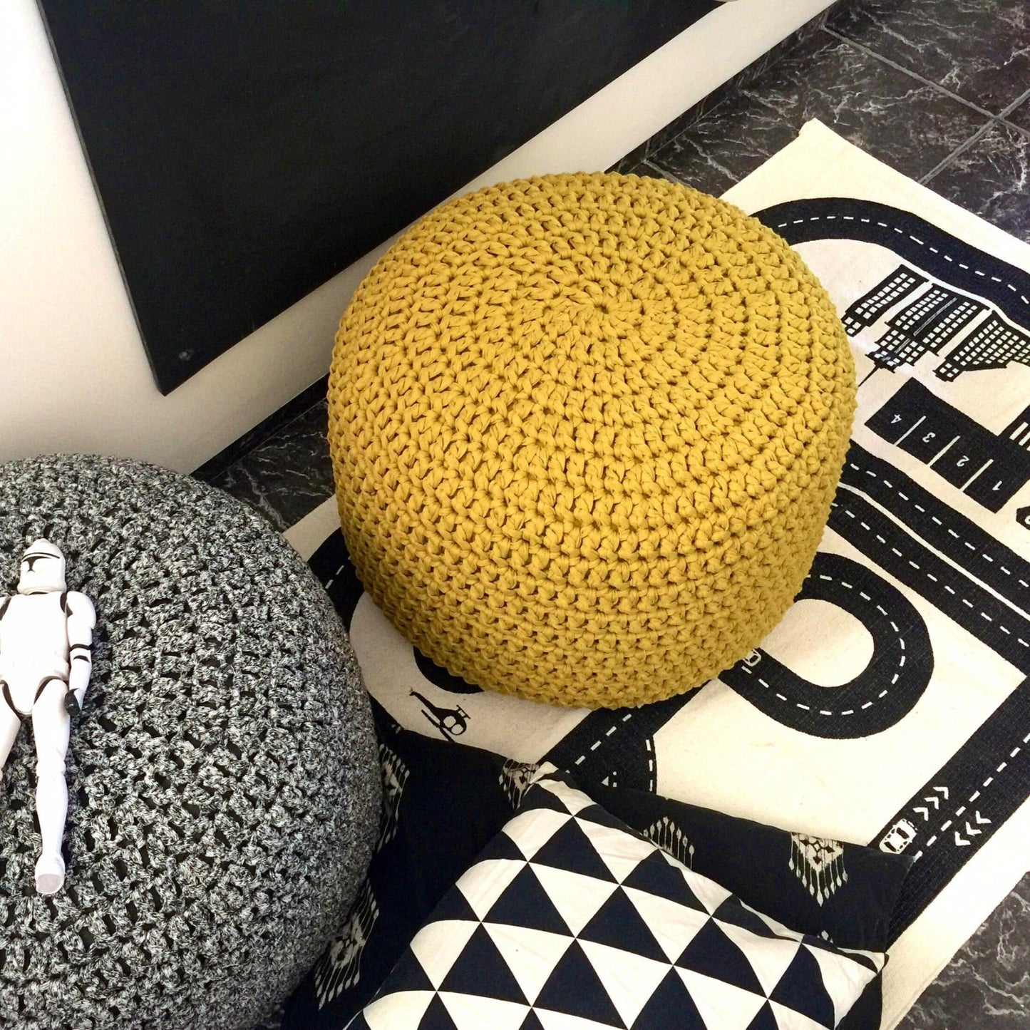 Round Knitted Pouffe Ottoman - Chartreuse - Looping Home