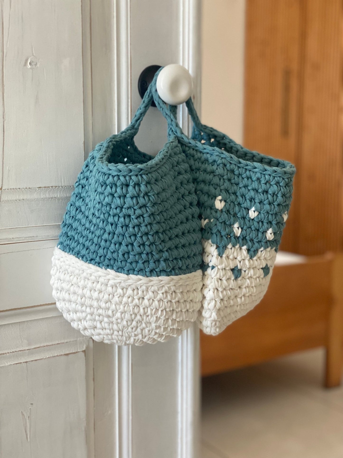 Teal Wall Hanging Basket Set, Knitted Storage Bags - Looping Home