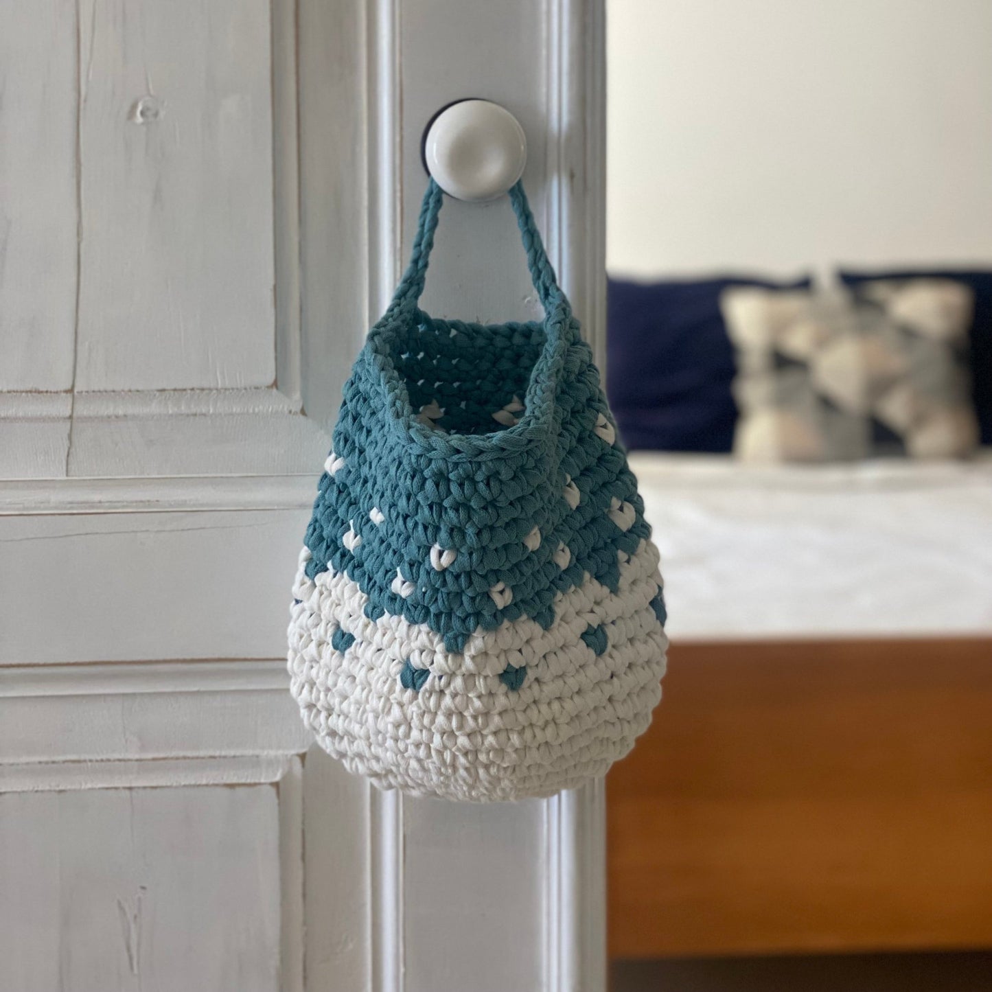 Teal Wall Hanging Basket Set, Knitted Storage Bags - Looping Home