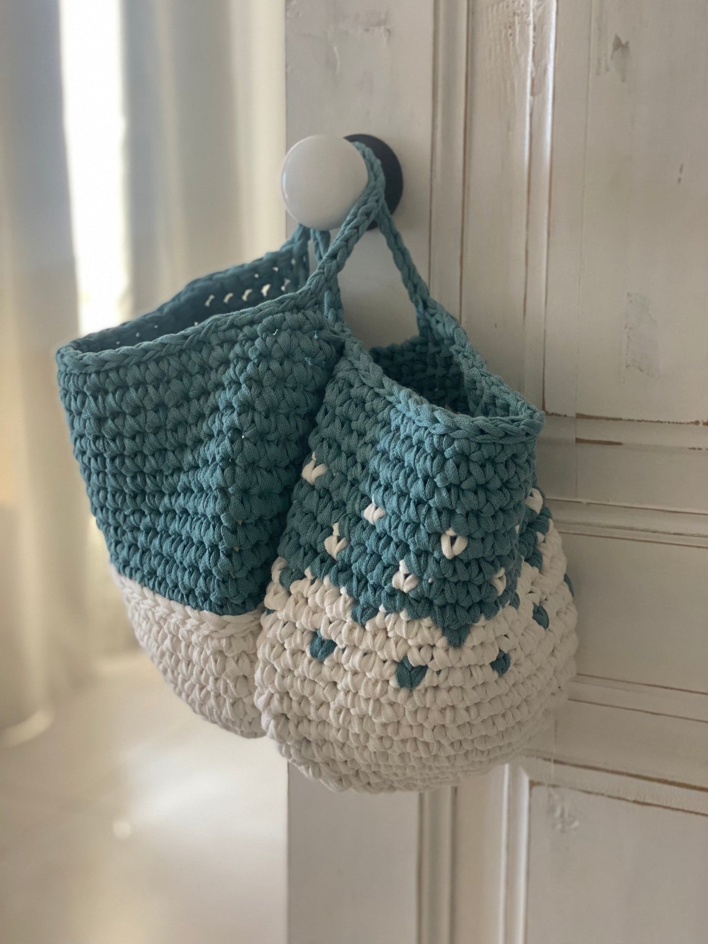 Teal Wall Hanging Basket Set, Knitted Storage Bags - Looping Home