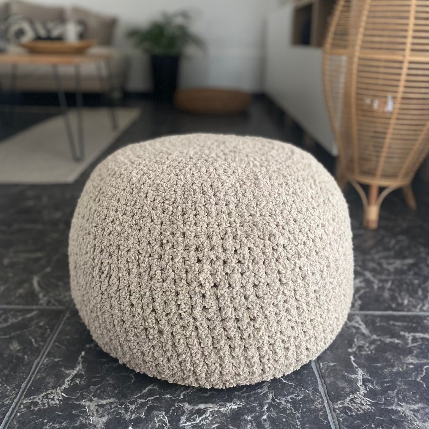 Ivory Bouclé Ottoman Pouf - Round Footstool Pouffe