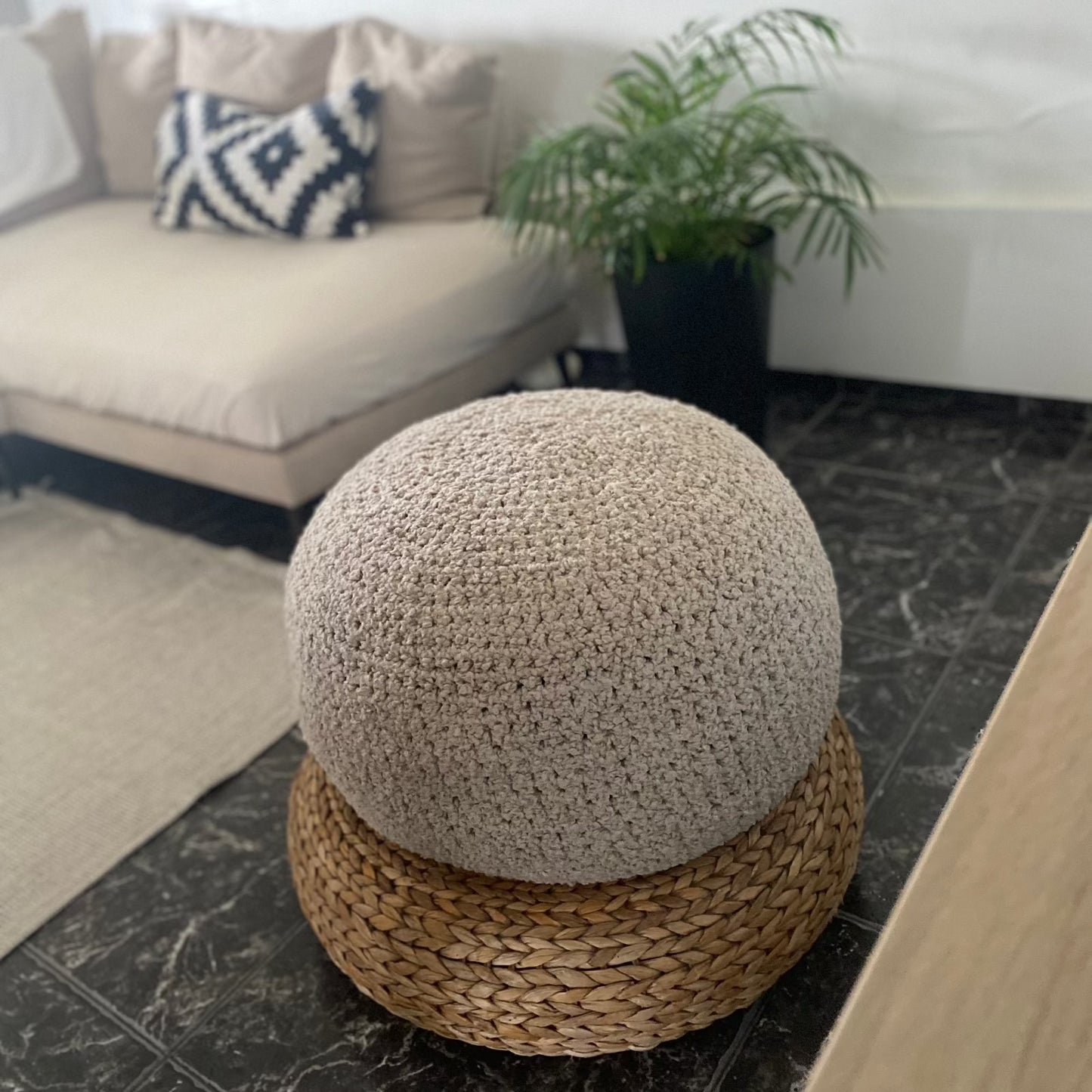 Ivory Bouclé Ottoman Pouf - Round Footstool Pouffe