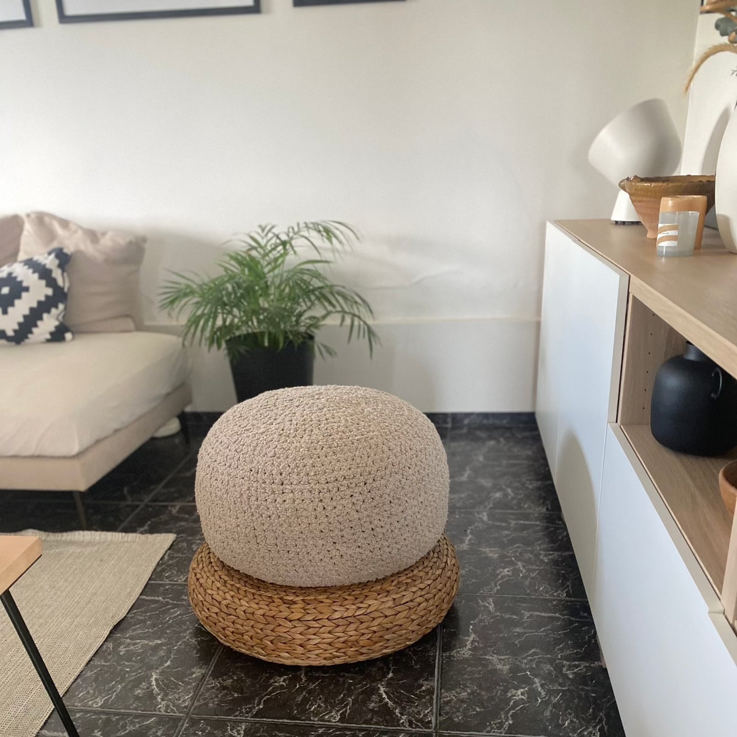 Ivory Bouclé Ottoman Pouf - Round Footstool Pouffe