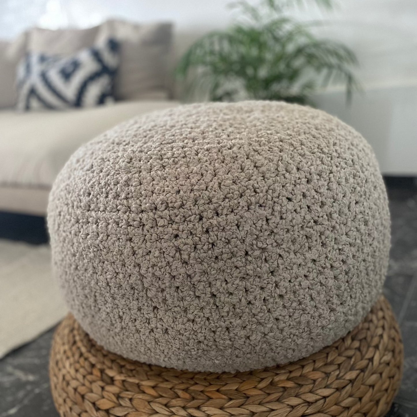 Ivory Bouclé Ottoman Pouf - Round Footstool Pouffe
