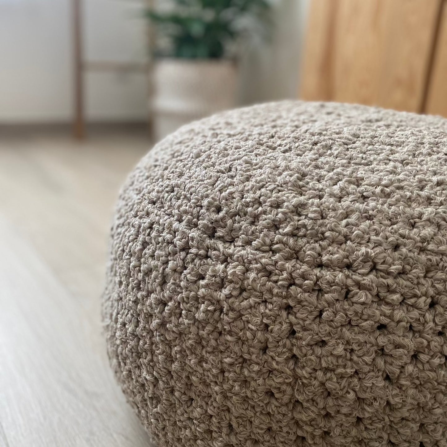 Ivory Bouclé Ottoman Pouf - Round Footstool Pouffe