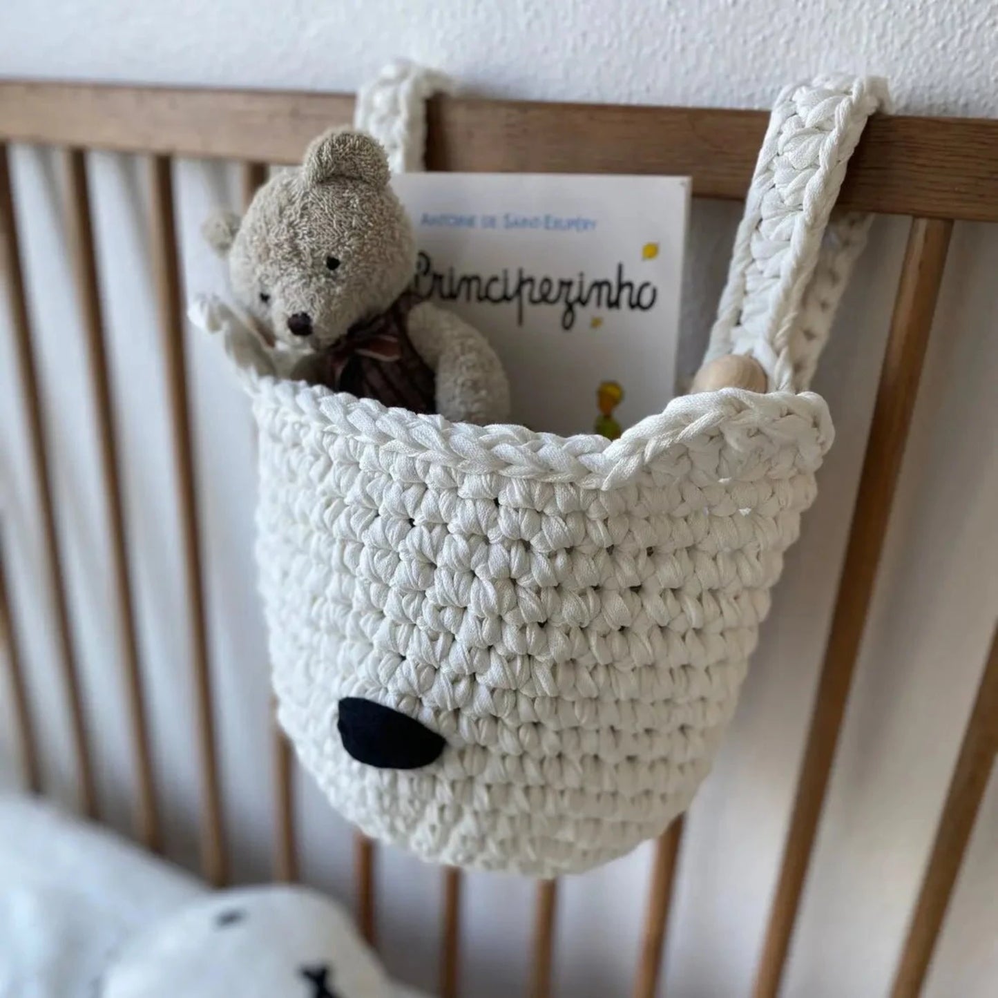 Bear Baskets | Pearl White | Hanging Storage for Cribs - Looping Home