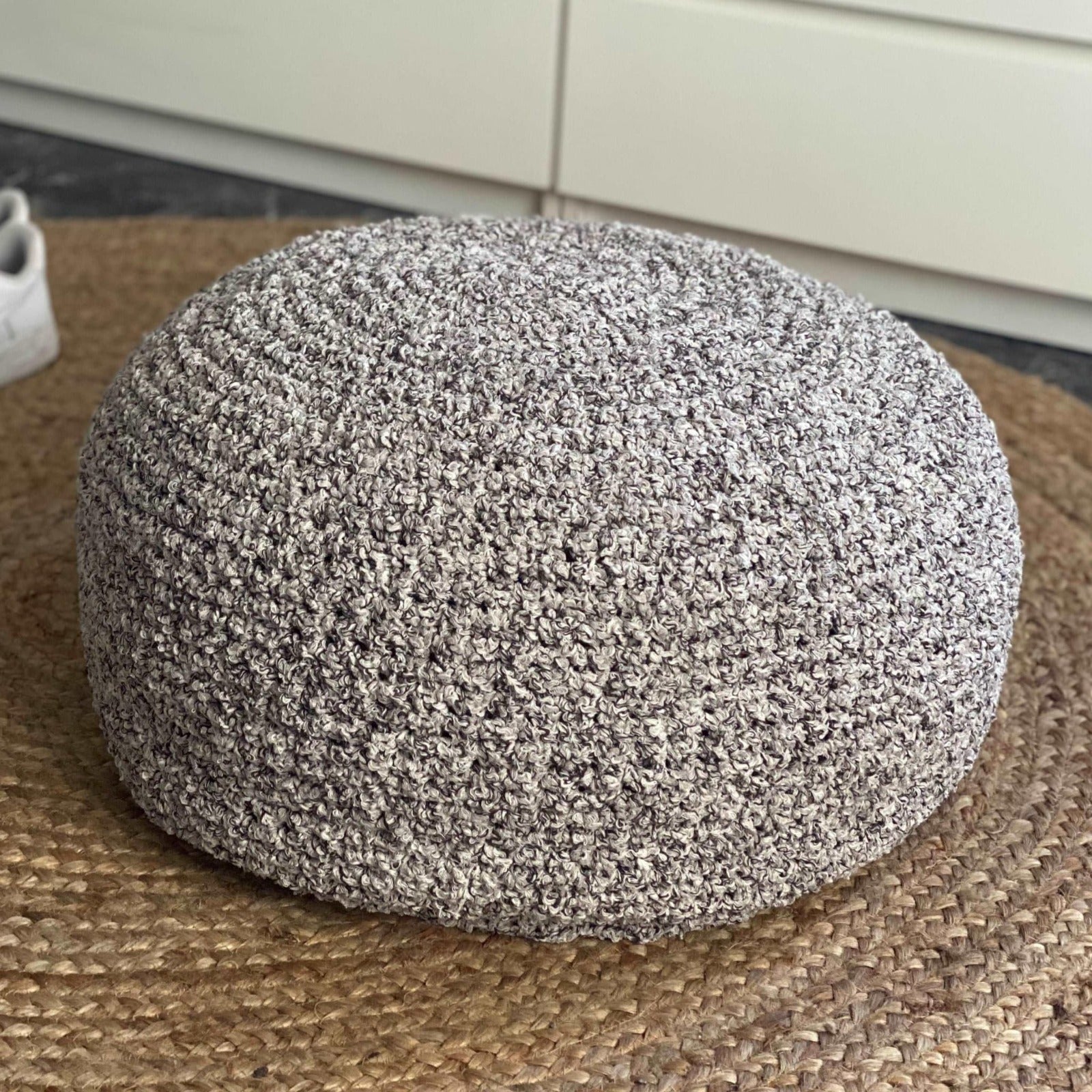 Boucle Pouf Ottoman, Round Knitted Pouffe - Looping Home