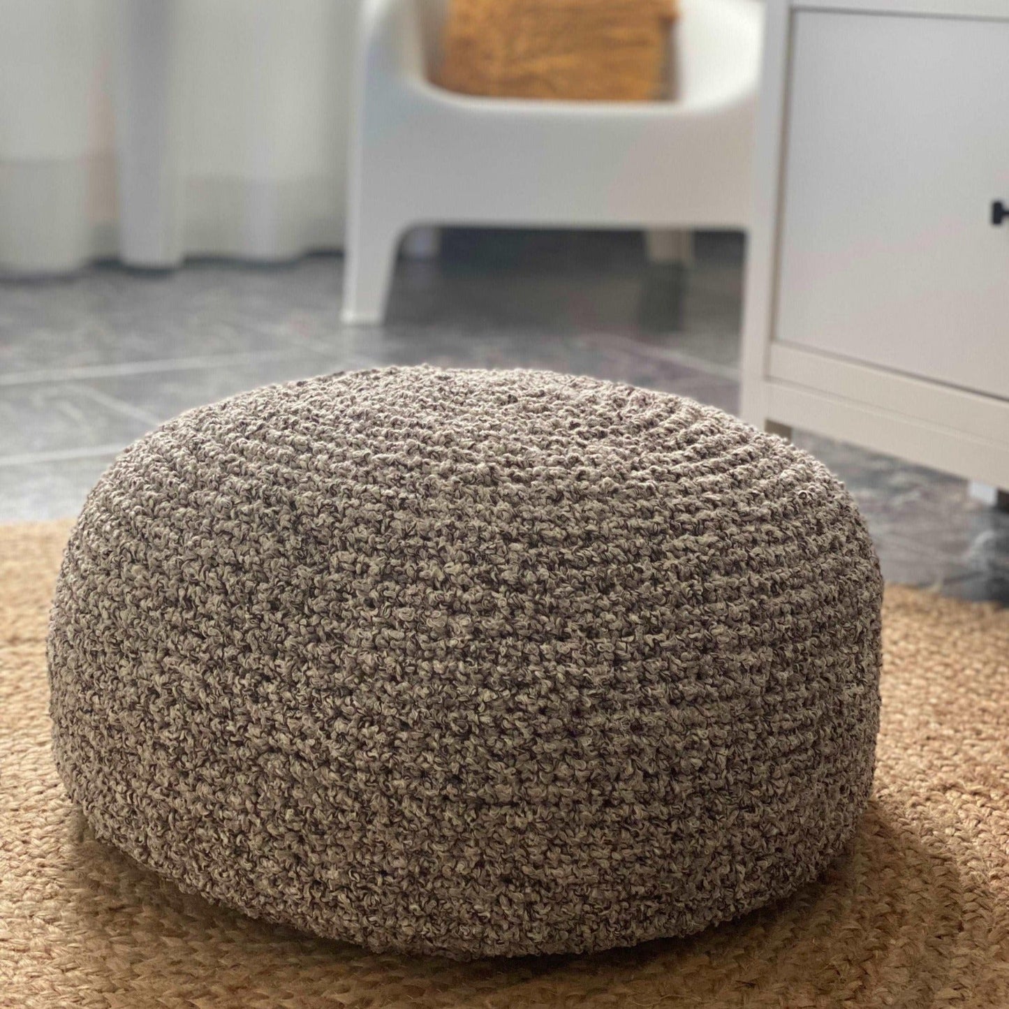 Boucle Pouf Ottoman, Round Knitted Pouffe - Looping Home