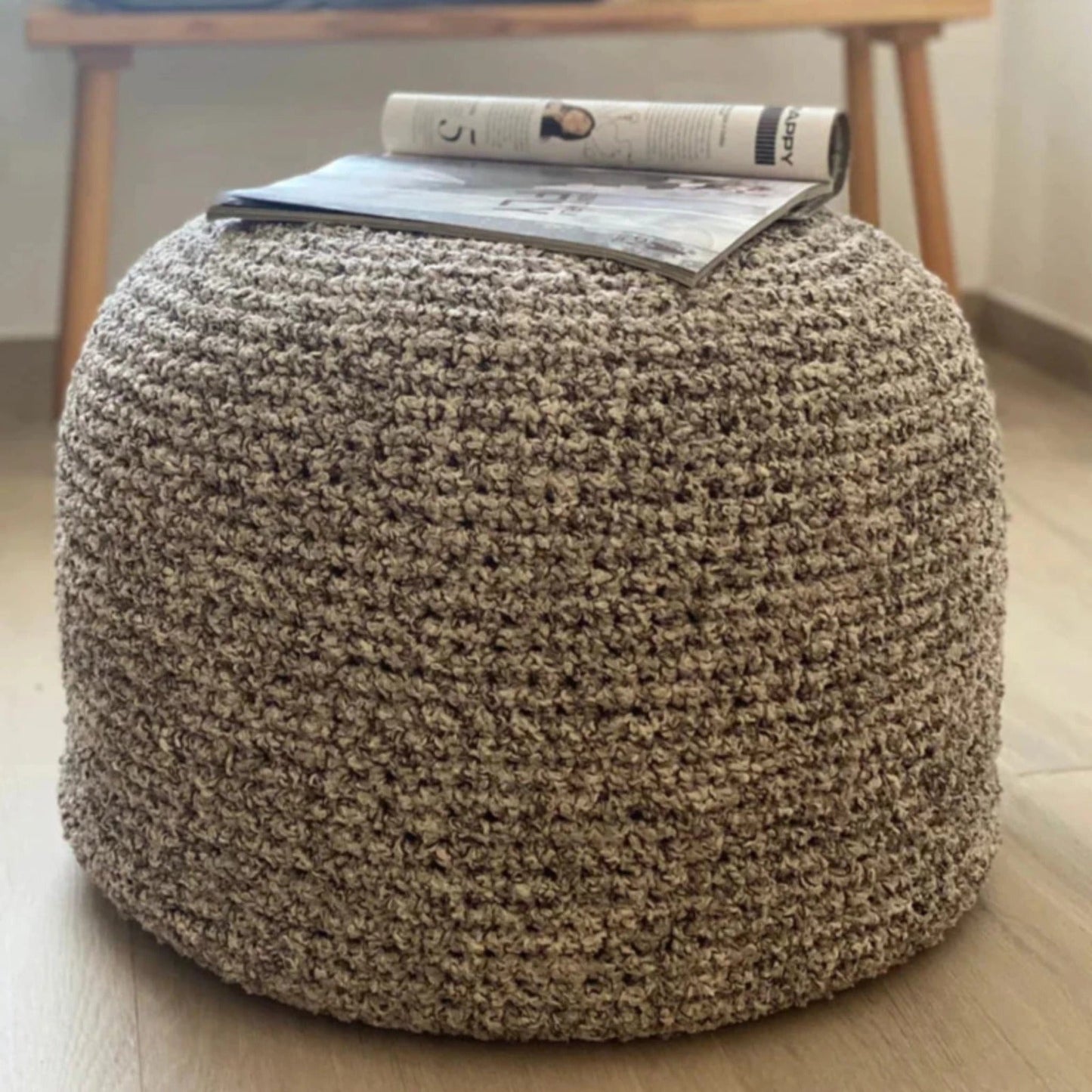 Boucle Pouf Ottoman, Round Knitted Pouffe - Looping Home