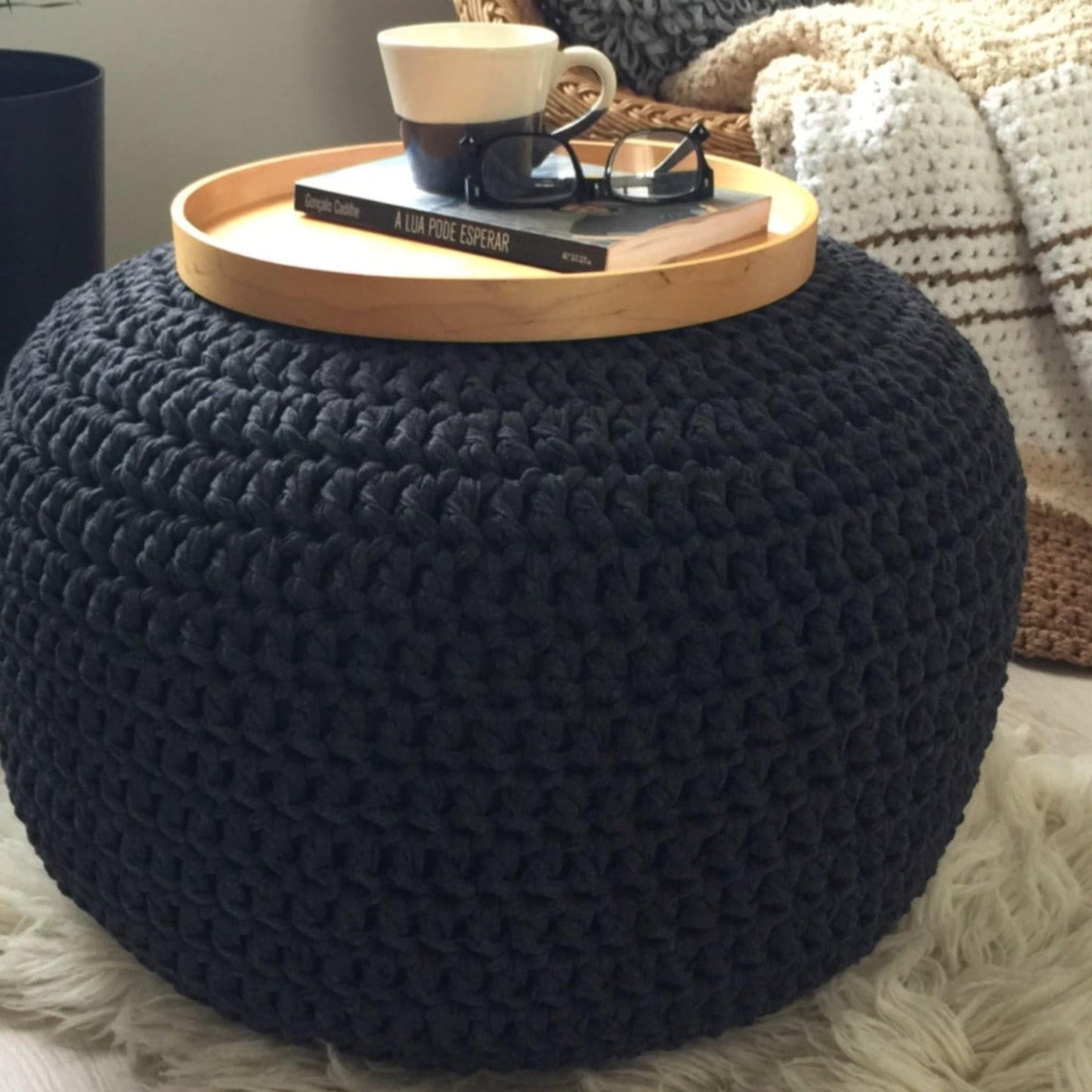 Charcoal Round Pouffe Ottoman - Crochet Footstool - Looping Home