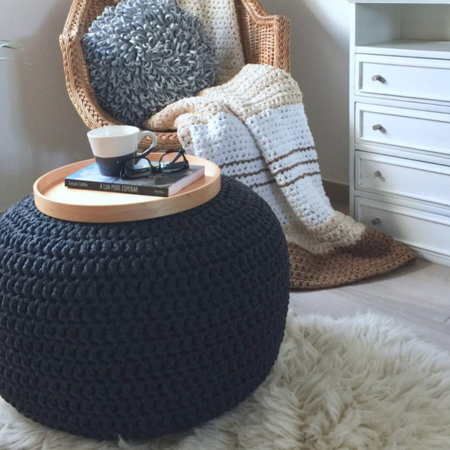 Charcoal Round Pouffe Ottoman - Crochet Footstool - Looping Home