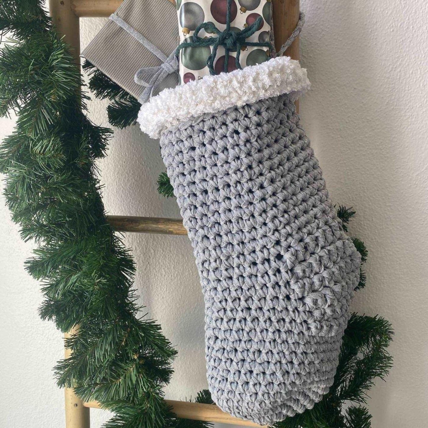 Chunky Knit Christmas Stocking - Silver Sparkly Christmas Decor - Looping Home