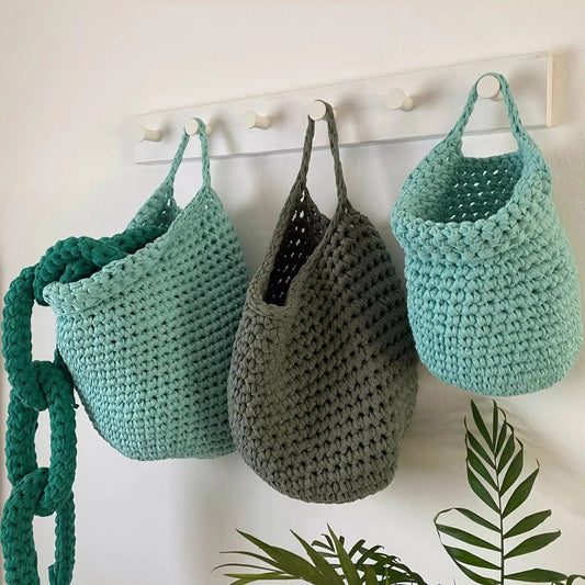 Crochet Hanging Baskets, Mint Kids Room Wall Storage Bags - Looping Home