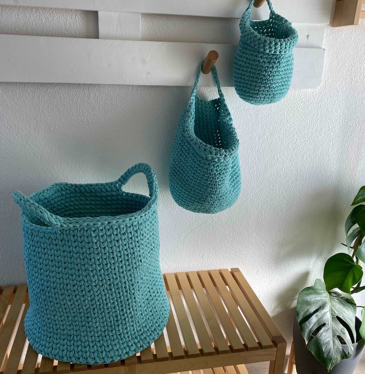 Crochet Hanging Baskets, Mint Kids Room Wall Storage Bags - Looping Home