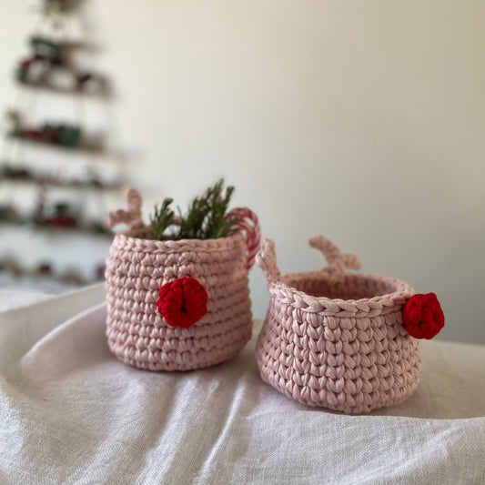 Crochet Rudolph Reindeer Basket | Light Pink - Looping Home