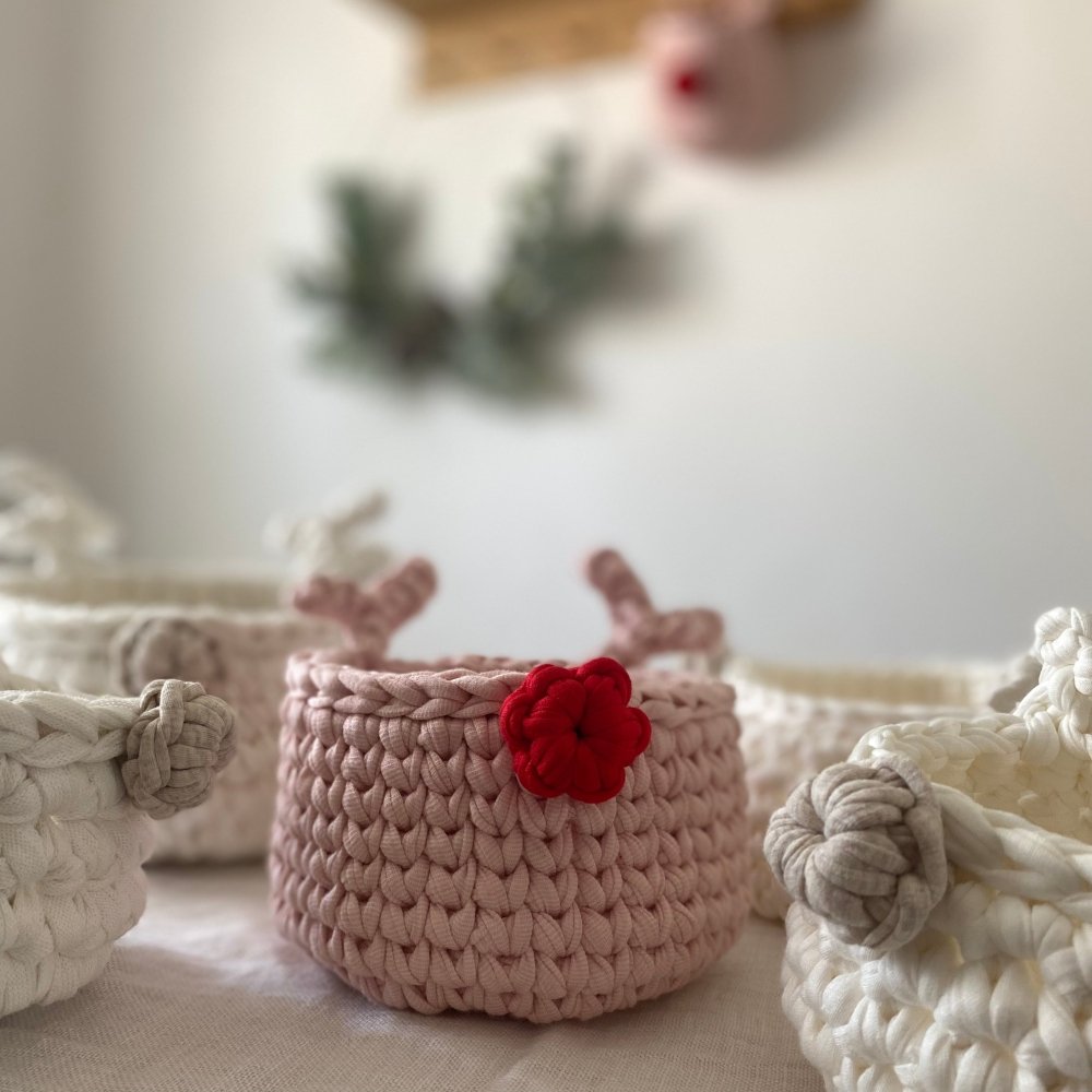 Crochet Rudolph Reindeer Basket | Light Pink - Looping Home