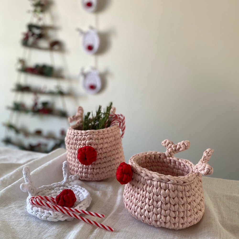 Crochet Rudolph Reindeer Basket | Light Pink - Looping Home