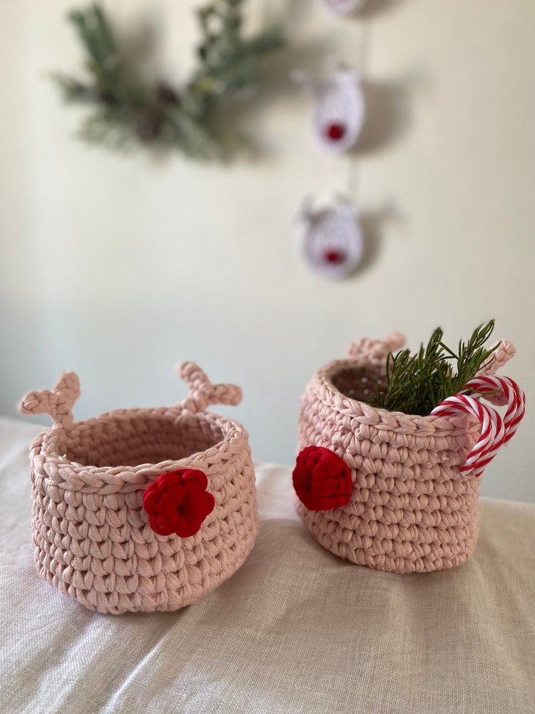 Crochet Rudolph Reindeer Basket | Light Pink - Looping Home