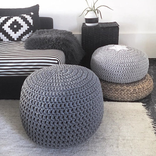 Grey Round Ottoman Pouf, Crochet Footstool Pouffe - Looping Home