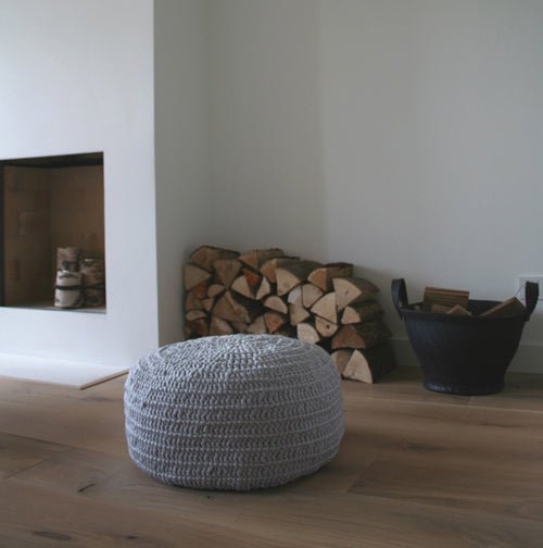 Grey Round Ottoman Pouf, Crochet Footstool Pouffe - Looping Home