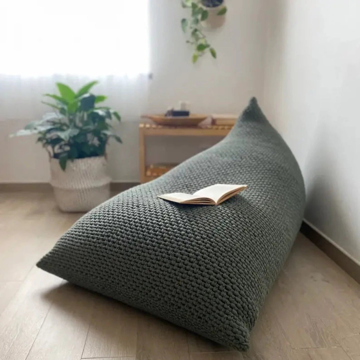 Knitted Bean Bag Chair | Dark Sage Green Bean Bag Lounger - Looping Home