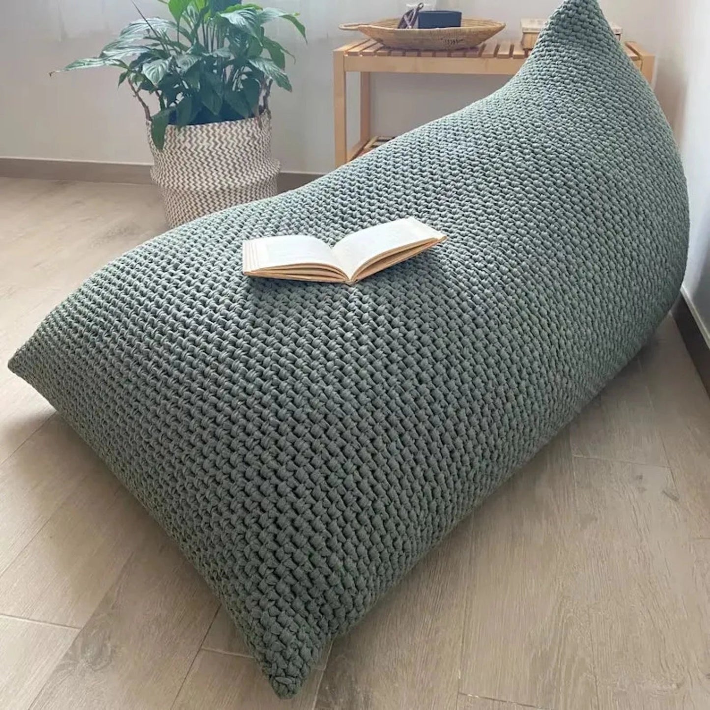 Knitted Bean Bag Chair | Dark Sage Green Bean Bag Lounger - Looping Home