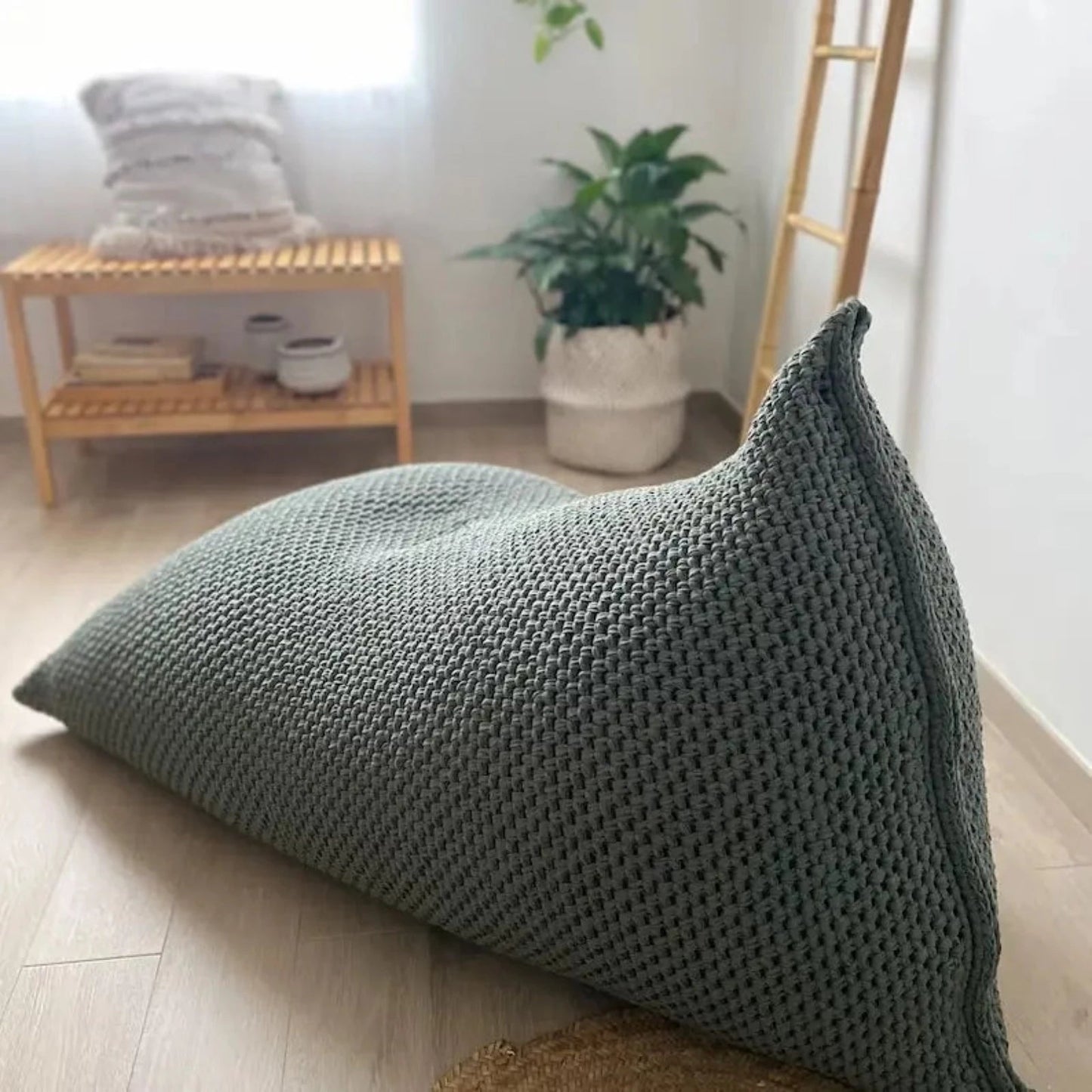 Knitted Bean Bag Chair | Dark Sage Green Bean Bag Lounger - Looping Home