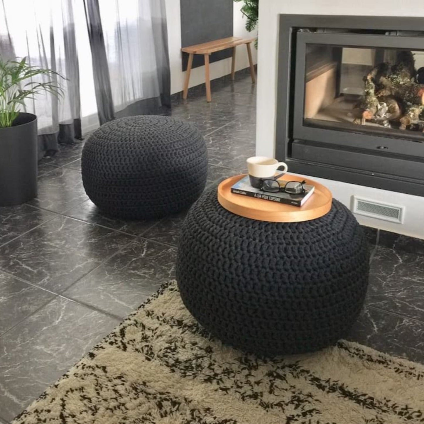 Large Knit Pouf Ottoman - Pearl Round Pouffe - Looping Home