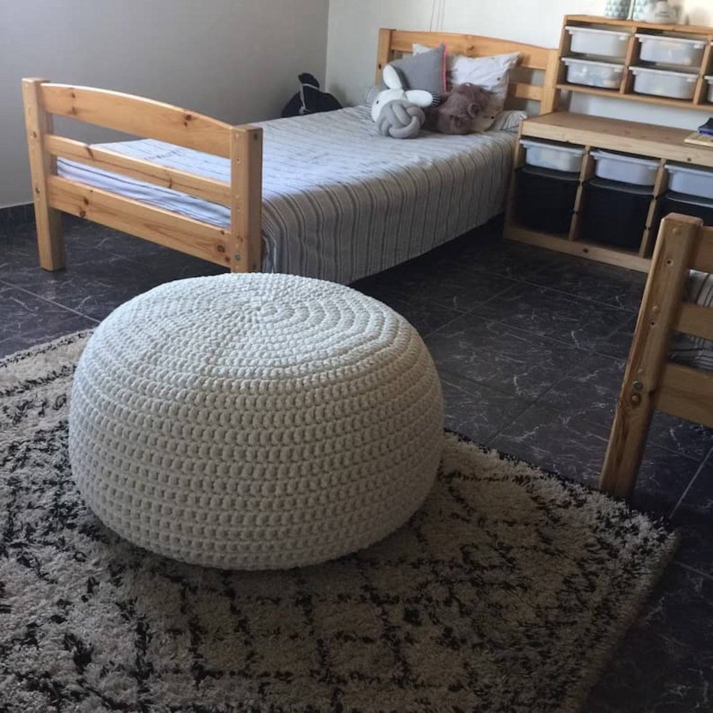 Large Knit Pouf Ottoman - Pearl Round Pouffe - Looping Home