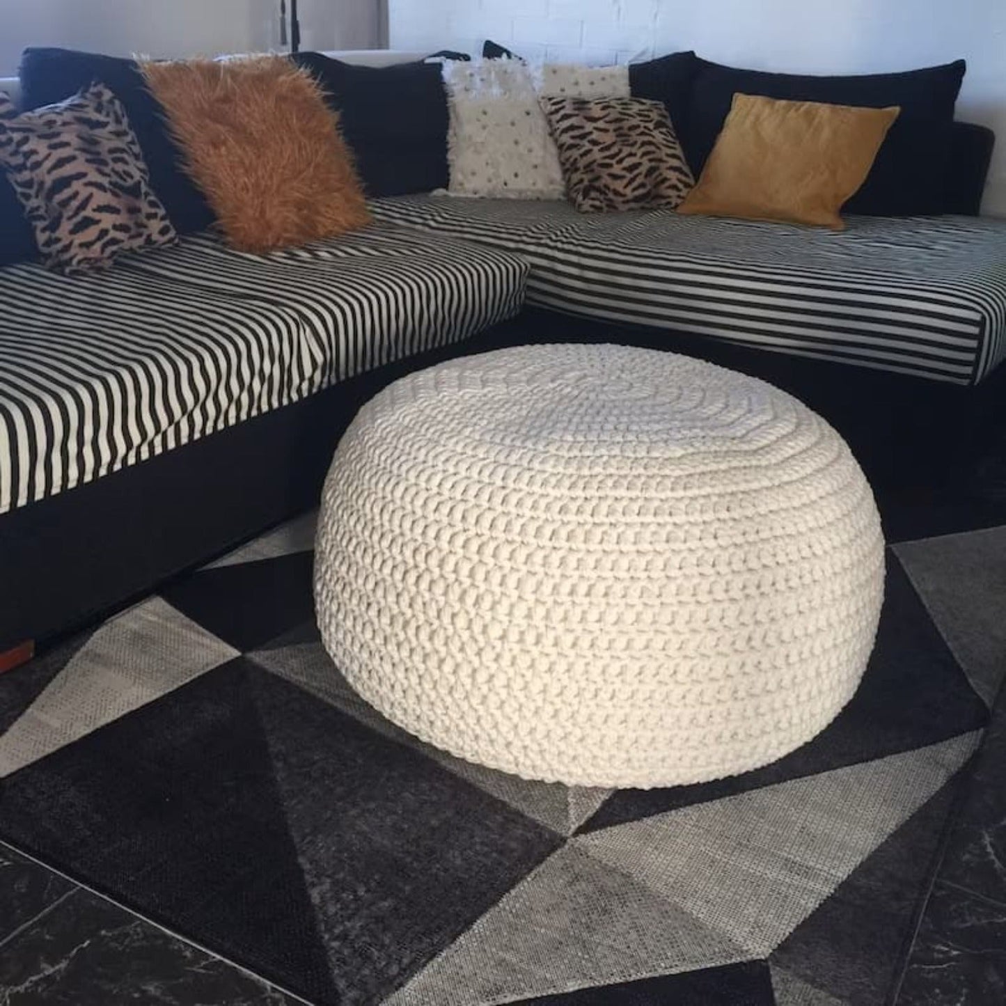 Large Knit Pouf Ottoman - Pearl Round Pouffe - Looping Home