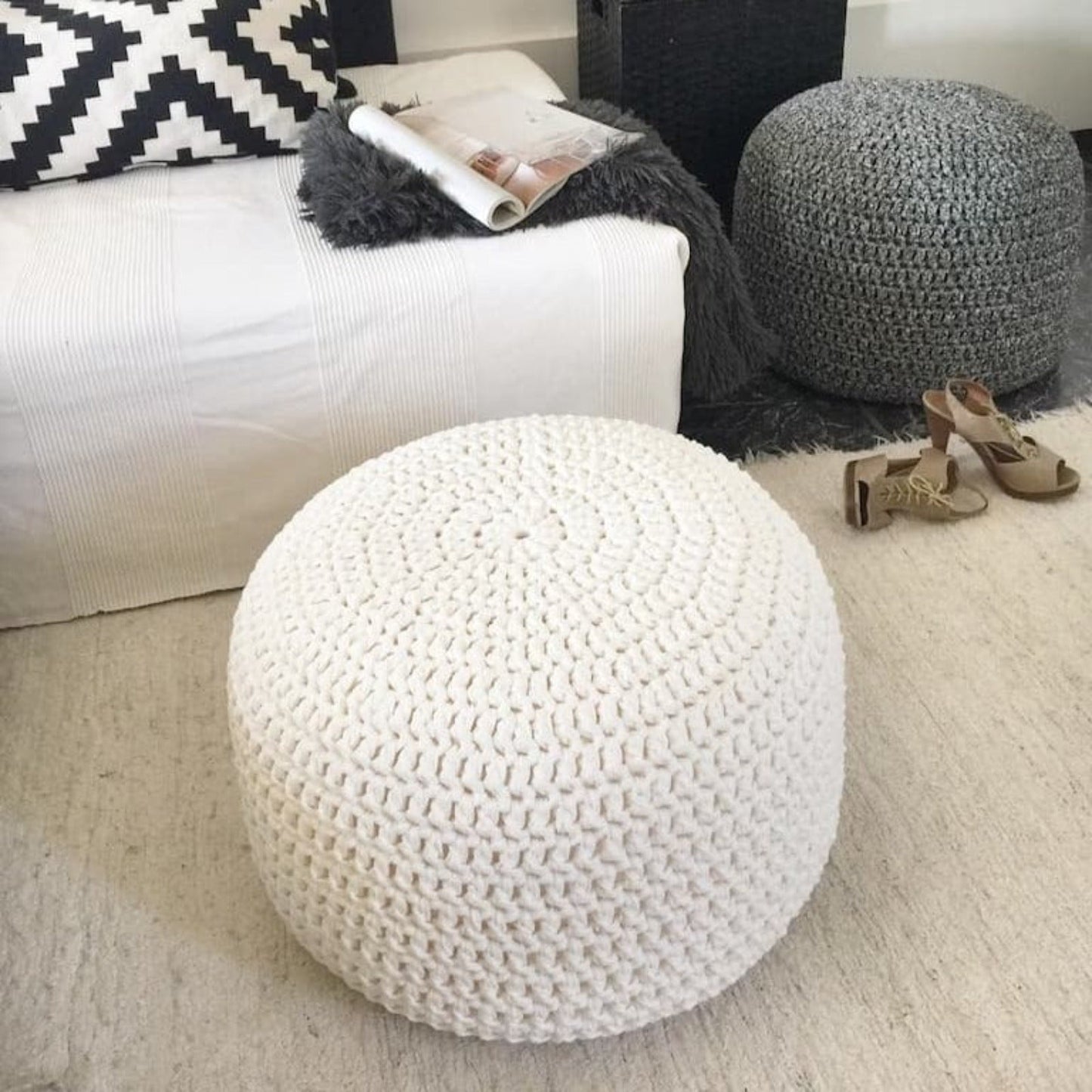 Large Knit Pouf Ottoman - Pearl Round Pouffe - Looping Home