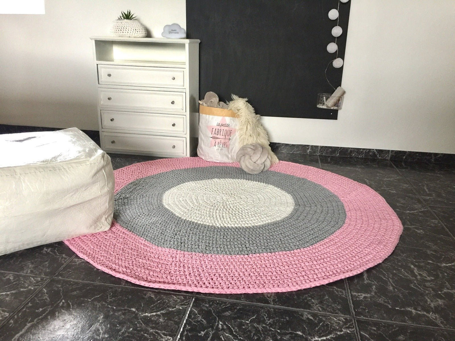 Large Round Crochet Rug | Pink Striped Playmat - Looping Home
