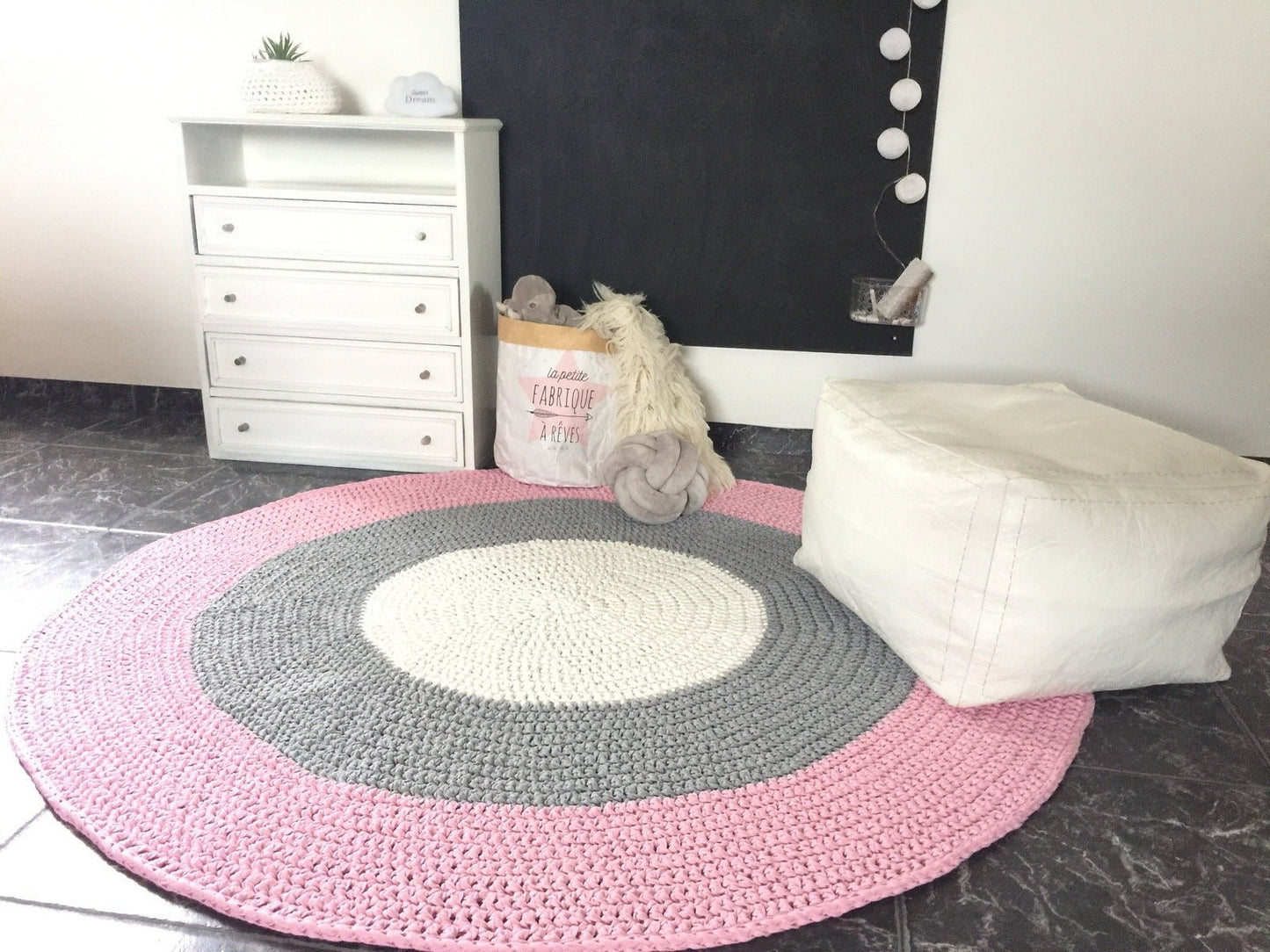 Large Round Crochet Rug | Pink Striped Playmat - Looping Home