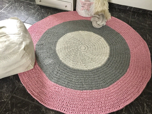 Large Round Crochet Rug | Pink Striped Playmat - Looping Home