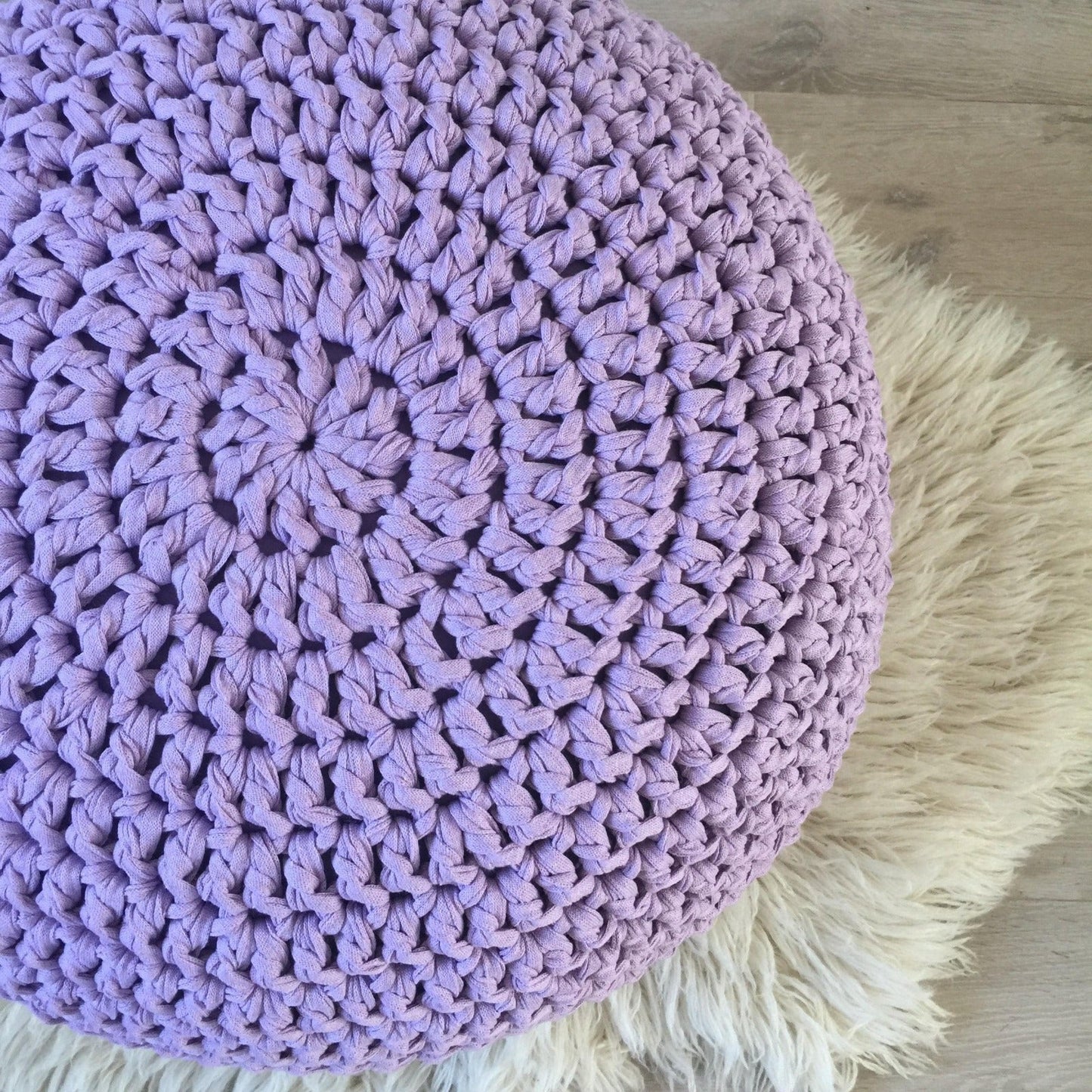 Lilac Round Pouffe Ottoman, Crochet Footstool - Looping Home