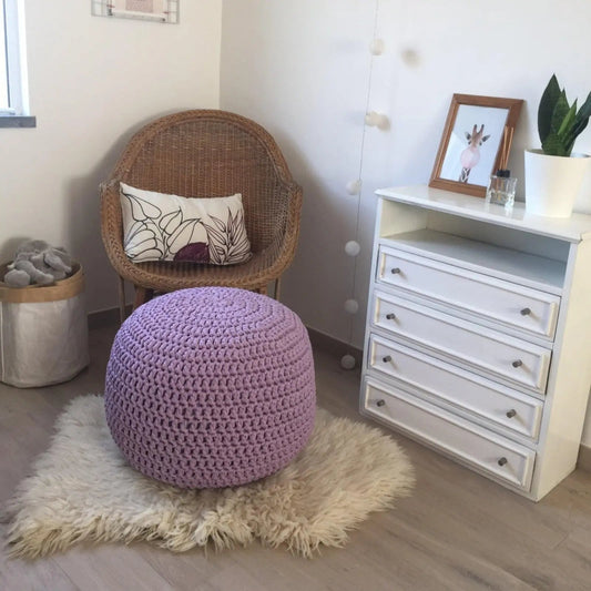 Lilac Round Pouffe Ottoman, Crochet Footstool - Looping Home