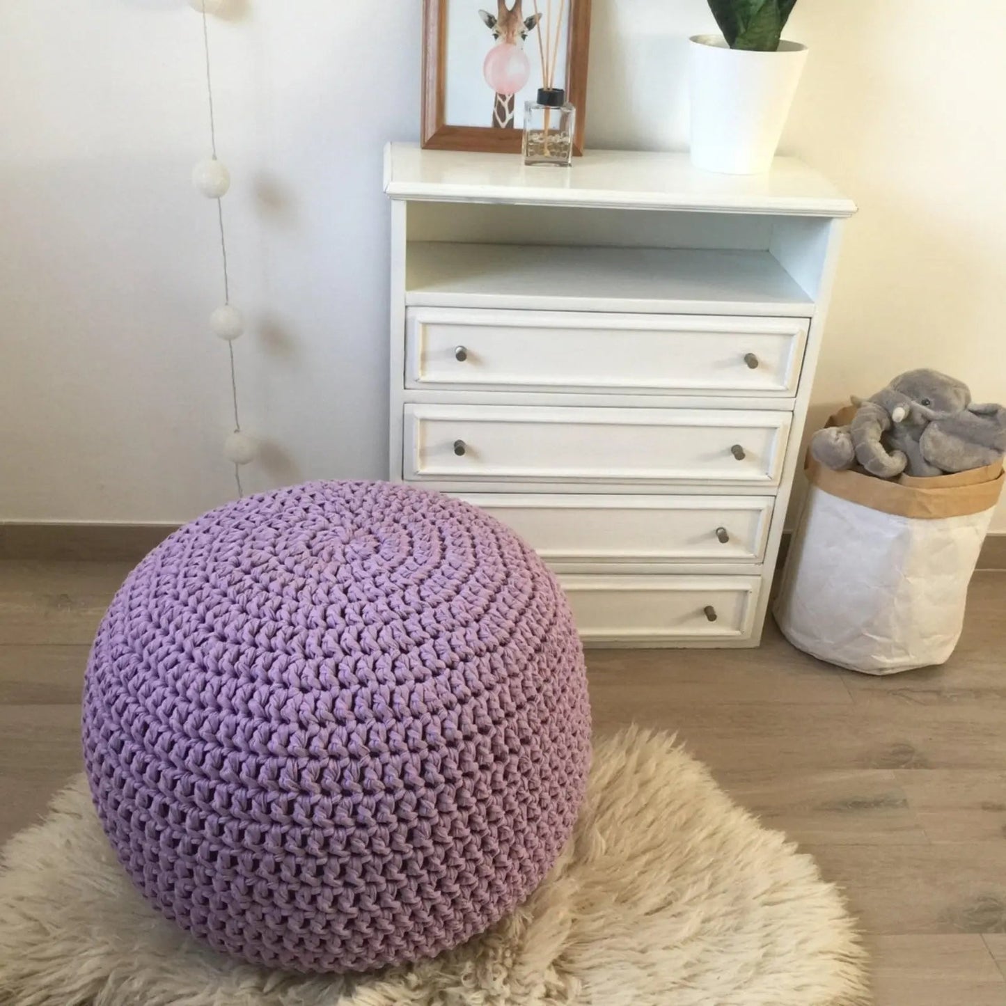 Lilac Round Pouffe Ottoman, Crochet Footstool - Looping Home