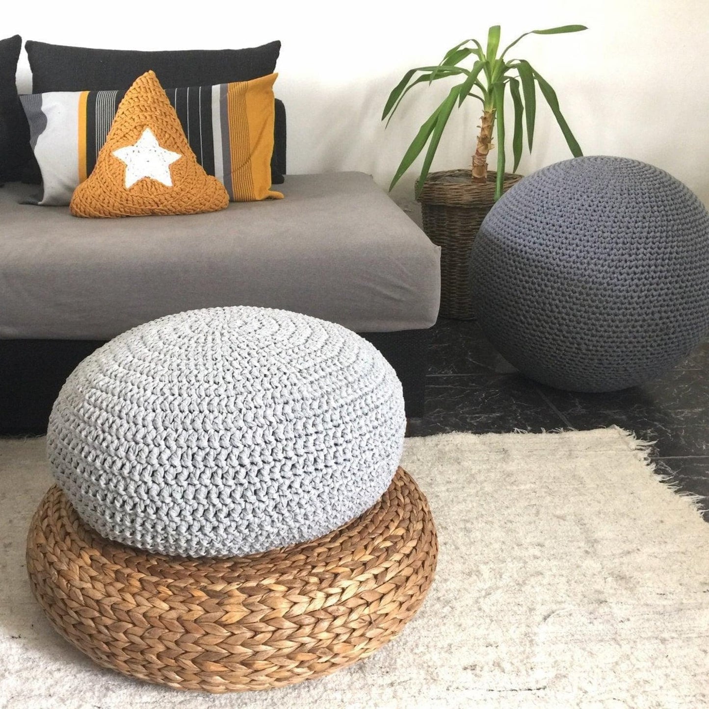 Meditation Zafu Pillows - Pearl White Crochet Floor Cushion - Looping Home