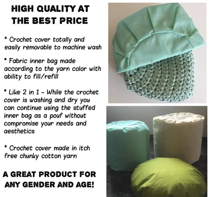 Mint Crochet Pouffe Ottoman, Round Footstool Pouf - Looping Home