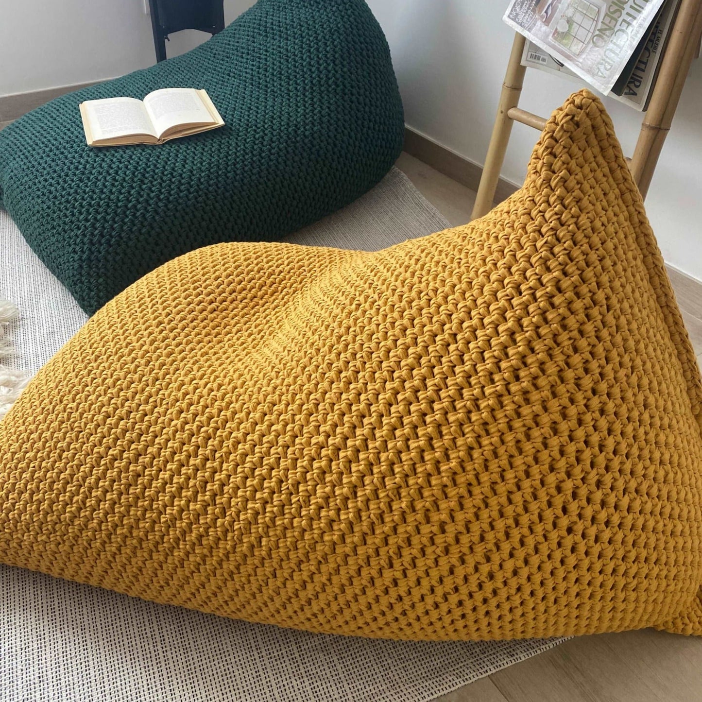 Mustard Adult Bean Bag Chair, Chunky Knitted Lounge Beanbag - Looping Home