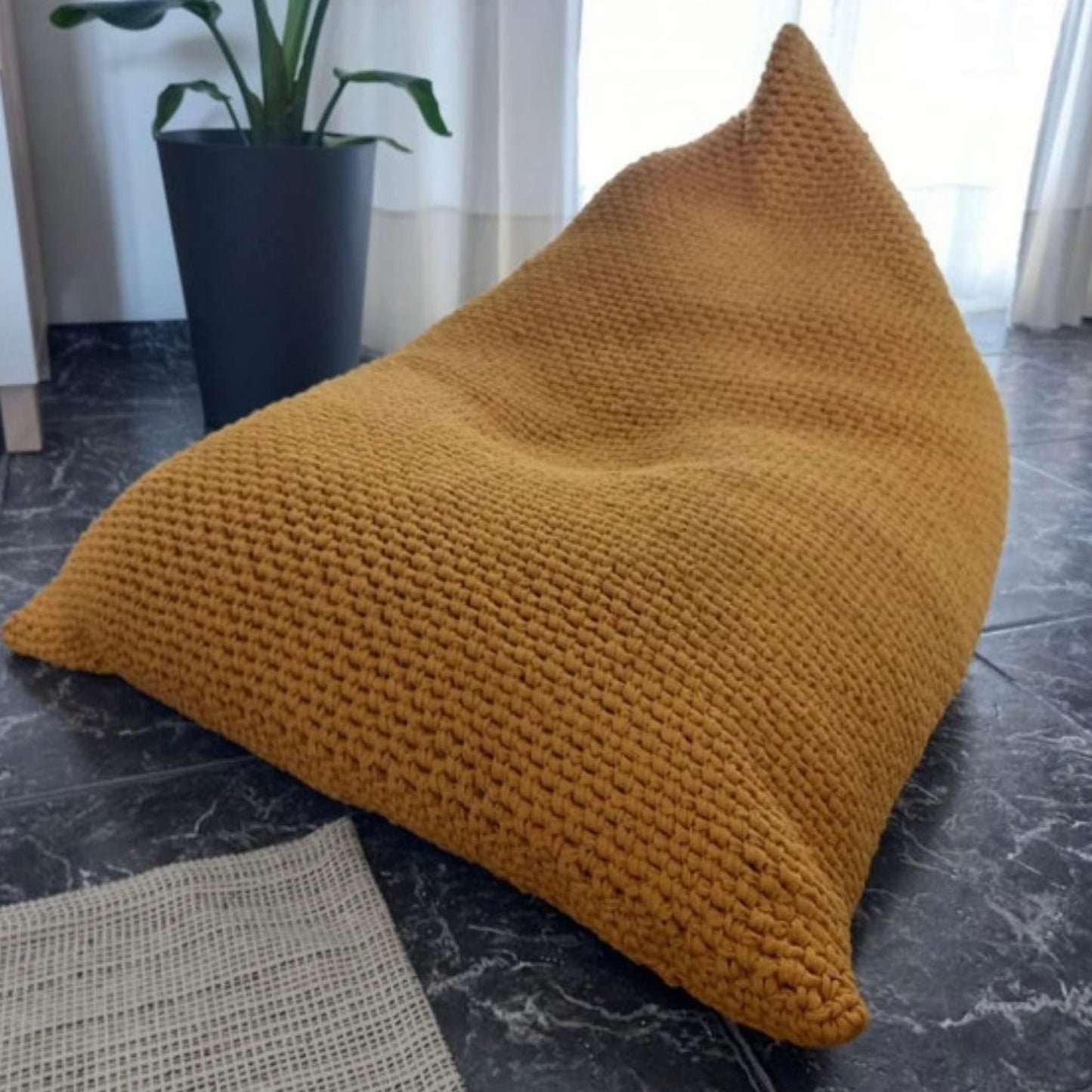 Mustard Adult Bean Bag Chair, Chunky Knitted Lounge Beanbag - Looping Home