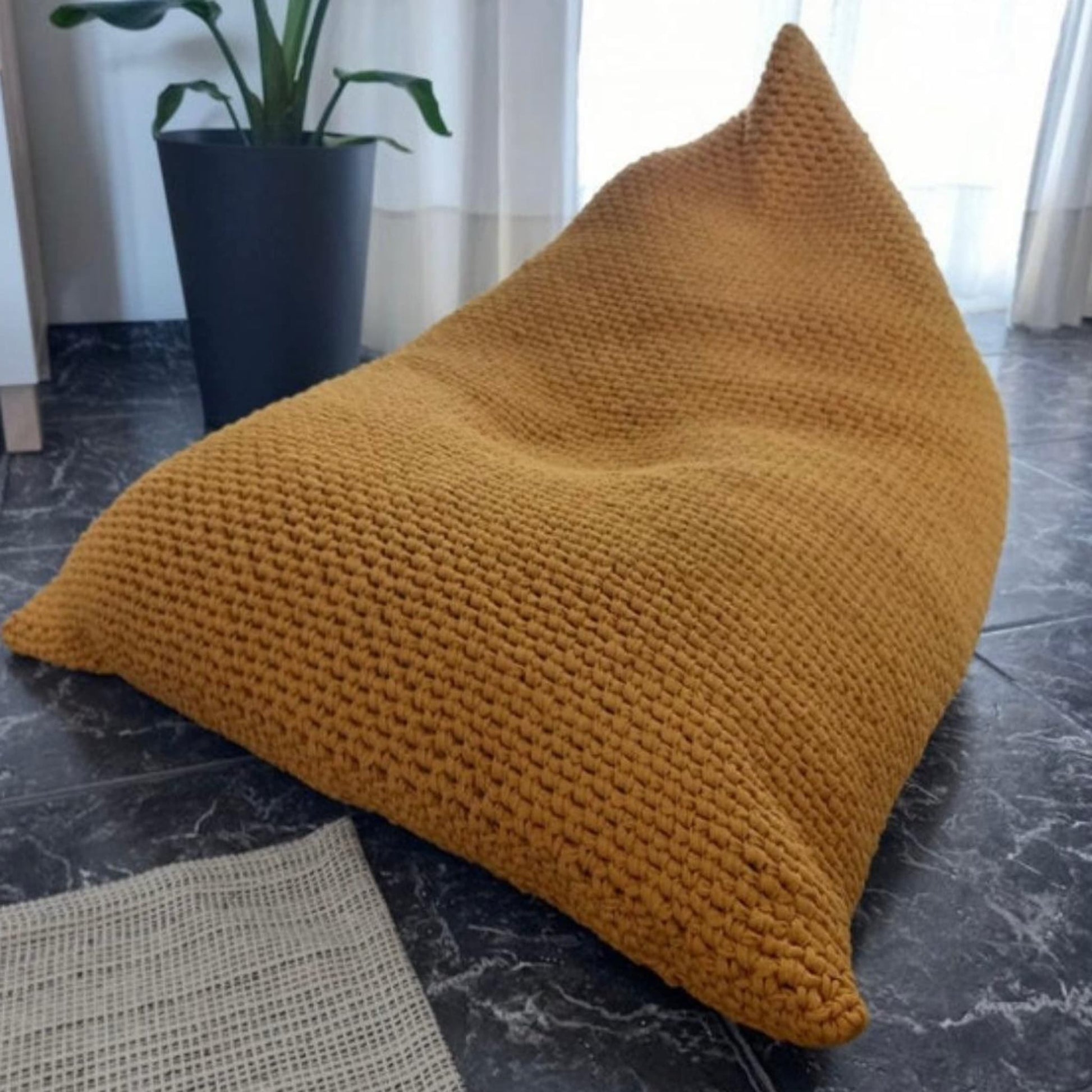 Mustard Adult Bean Bag Chair, Chunky Knitted Lounge Beanbag - Looping Home