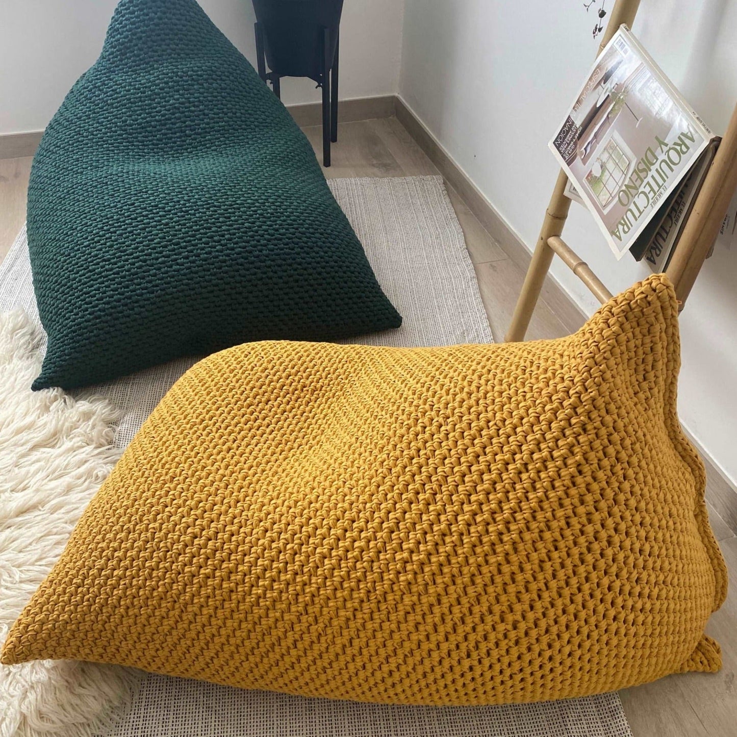 Mustard Adult Bean Bag Chair, Chunky Knitted Lounge Beanbag - Looping Home