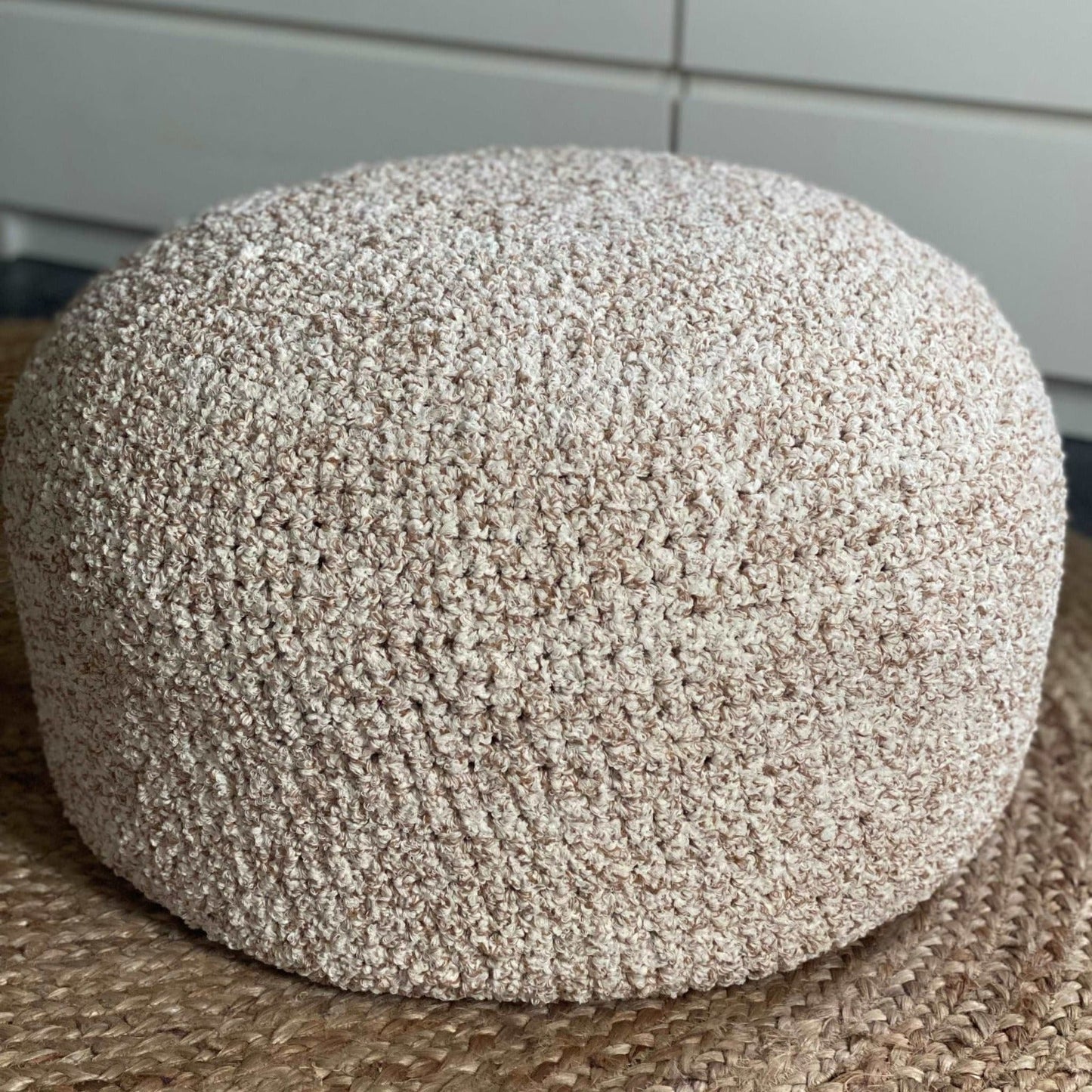 Neutral Boucle Pouf Ottoman, Round Knitted Pouffe - Looping Home