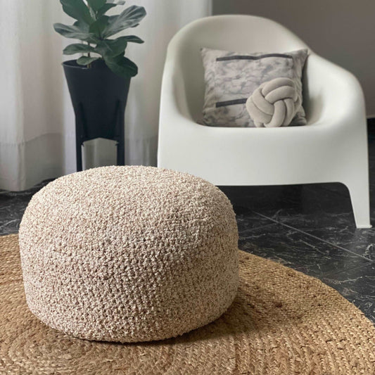 Neutral Boucle Pouf Ottoman, Round Knitted Pouffe - Looping Home