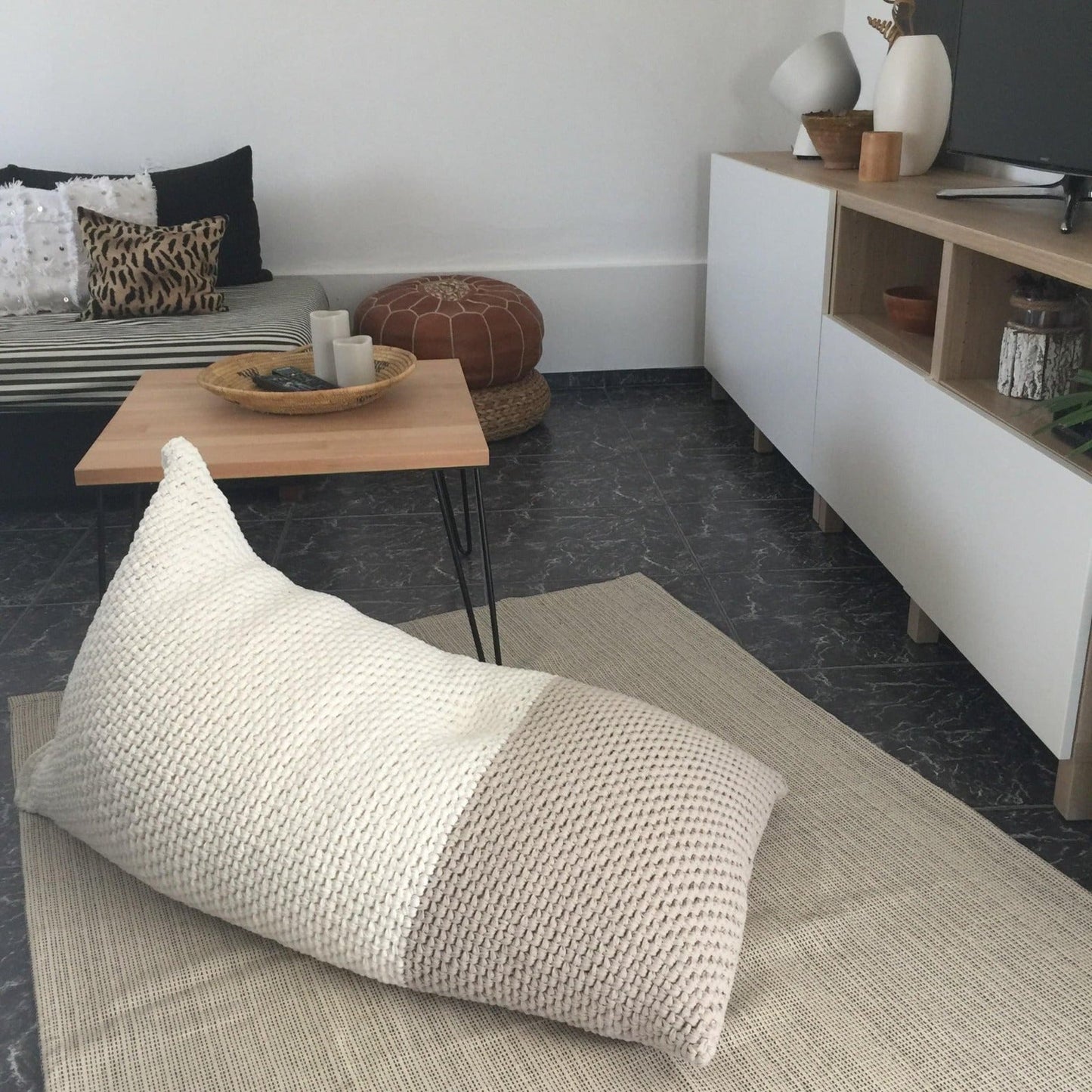 Neutral Knitted Bean Bag Chair, Floor Pillow Lounger - Looping Home