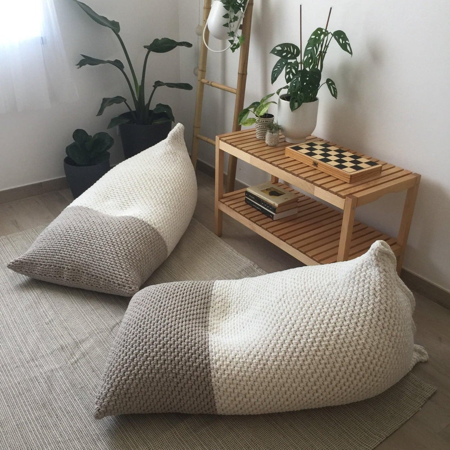 Neutral Knitted Bean Bag Chair, Floor Pillow Lounger - Looping Home