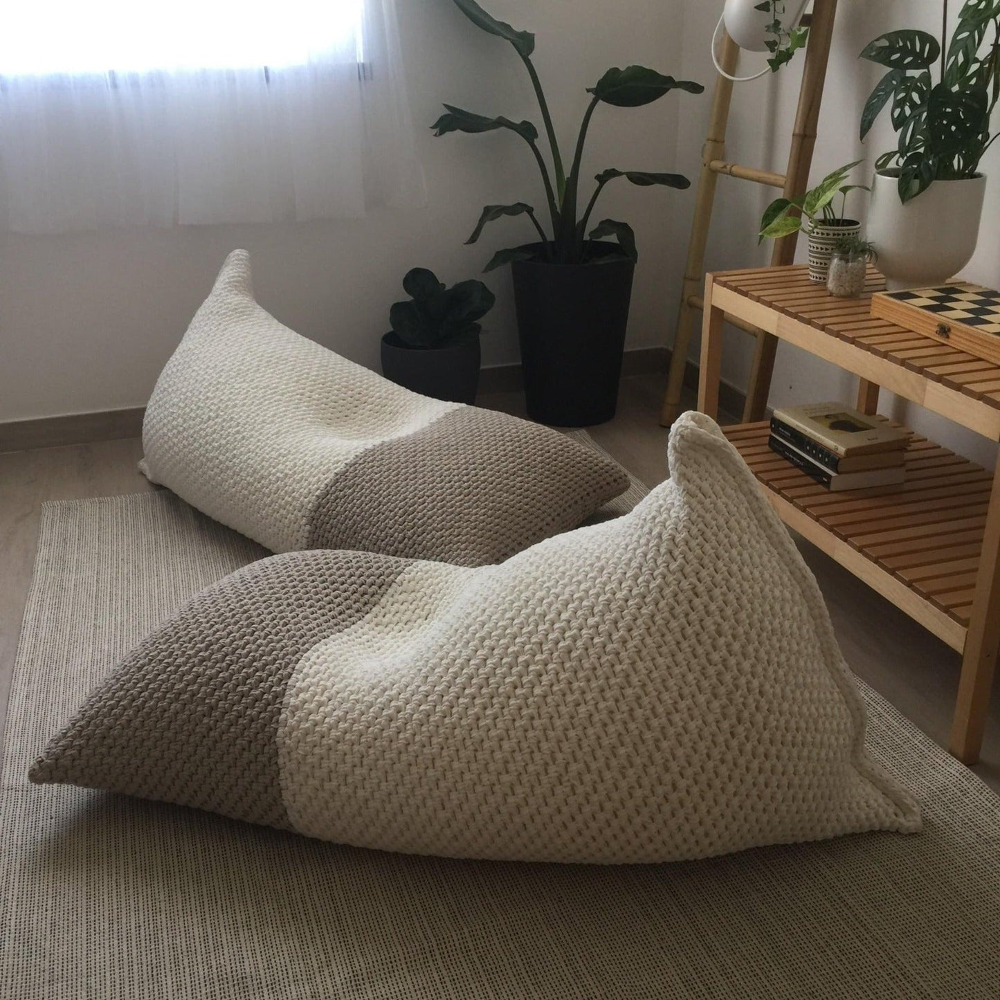 Neutral Knitted Bean Bag Chair, Floor Pillow Lounger - Looping Home